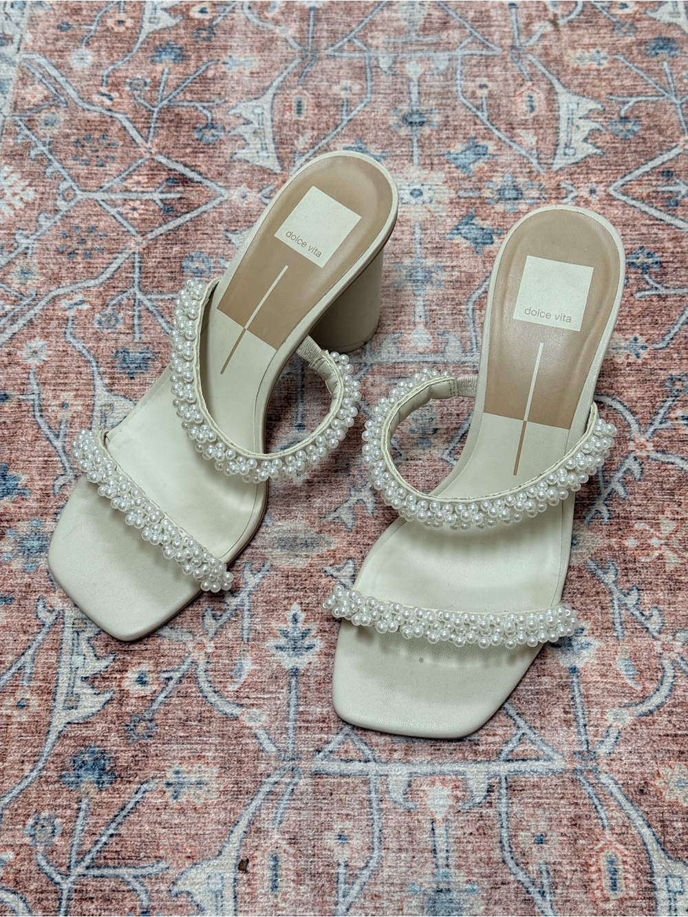 Dolce Vita Ivory Pearl-Trim Block Heel Sandals